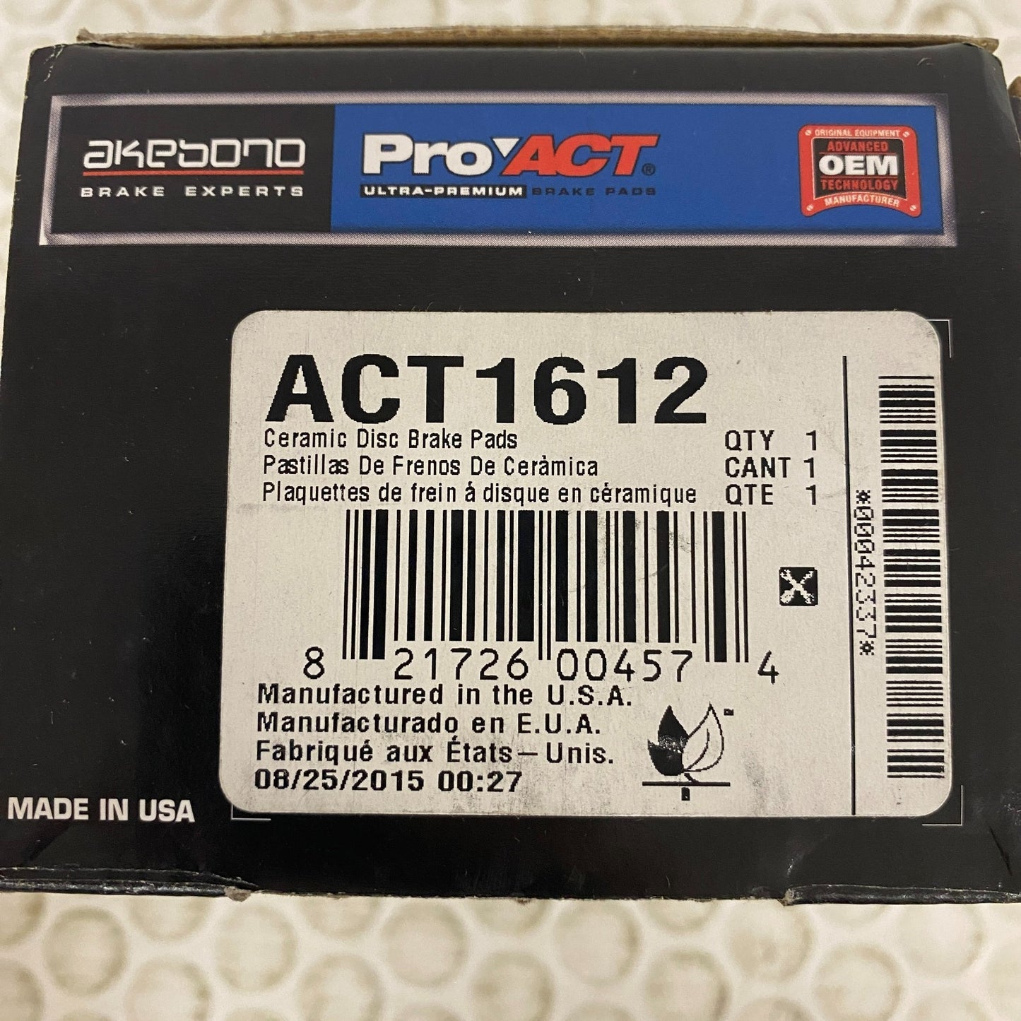 Akebono ProACT Ultra‑Premium Ceramic Rear Disc Brake Pads ACT1612