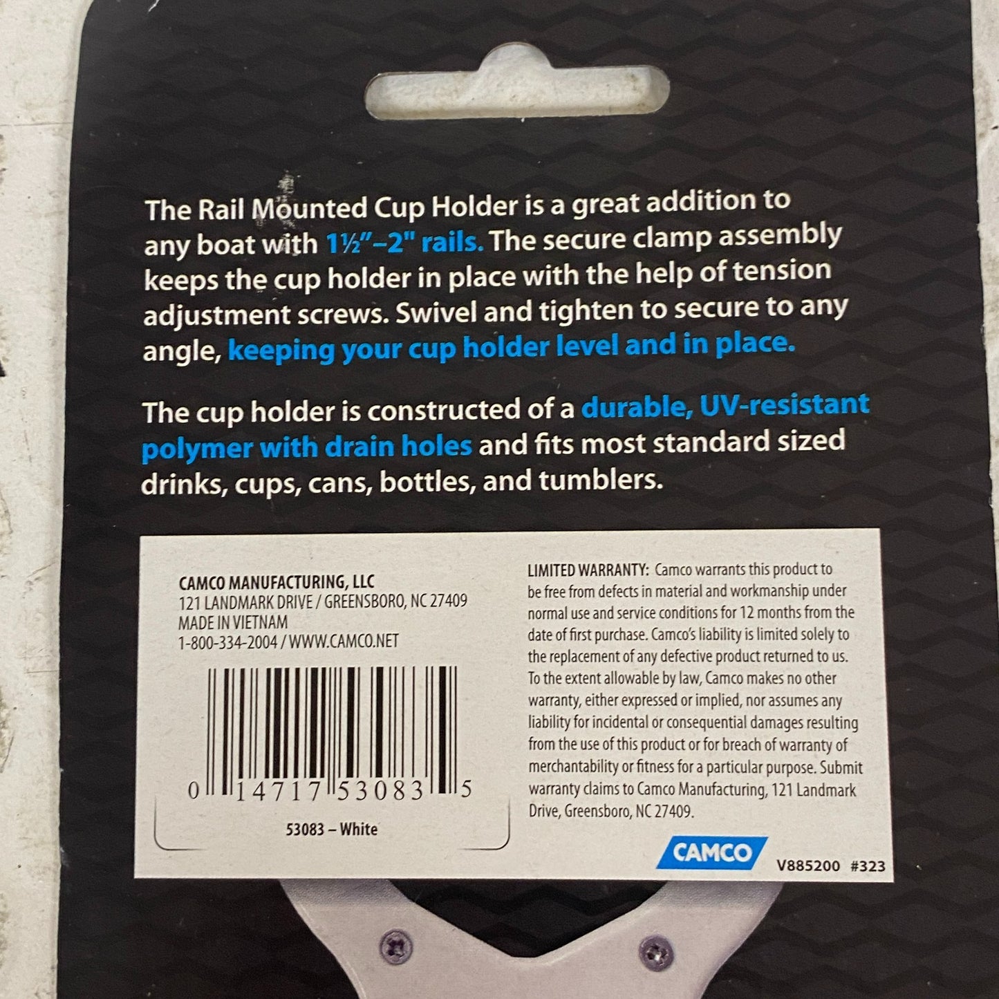 Camco 53083 Clamp-Mounted Large Cup Holder Fits 2 Inch Rails White