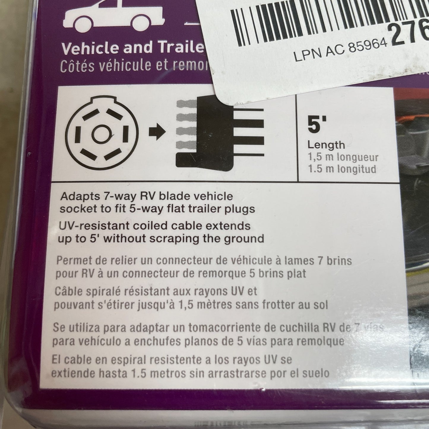 CURT 57281 5 ft 7-Way RV Blade to 5-Way Flat Trailer Adapter Harness