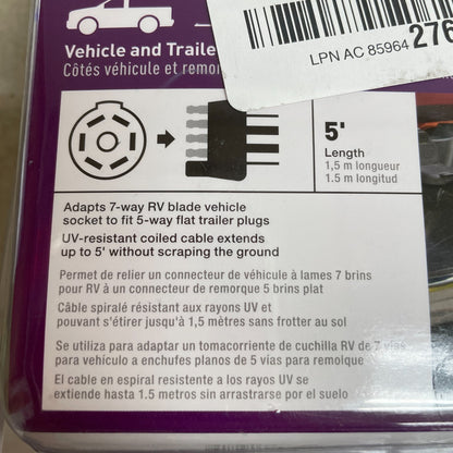 CURT 57281 5 ft 7-Way RV Blade to 5-Way Flat Trailer Adapter Harness