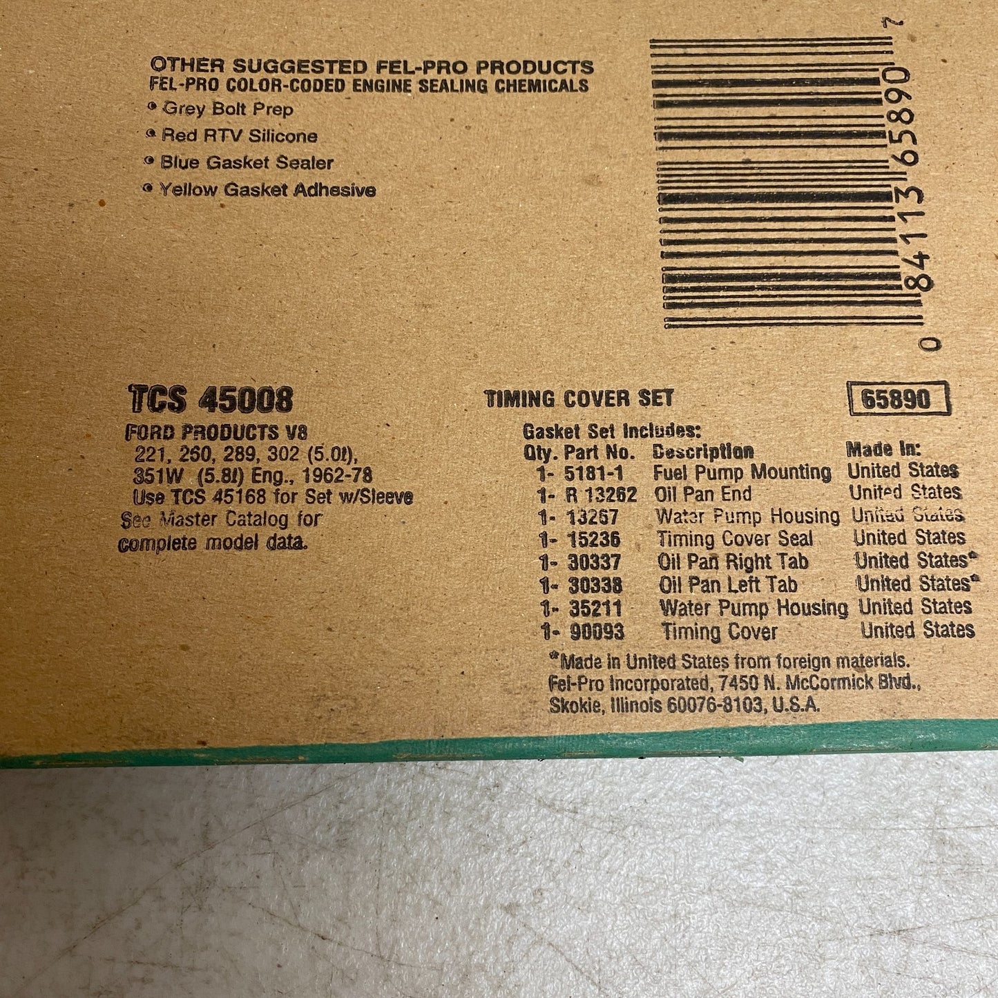 FEL-PRO TCS45008 Timing Cover Gasket Set 62-78 Ford 260 289 302 V8 SBF