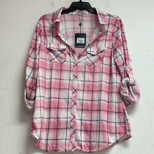 White Mark oakley plaid women's 3/4 sleeve button-down shirt Size L pink/White