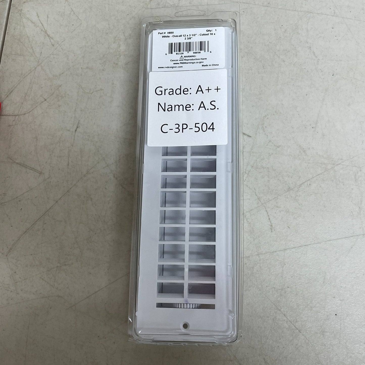 RV Designer H850 White Plastic Floor Register w Damper 12"x3.5" Interior Vent