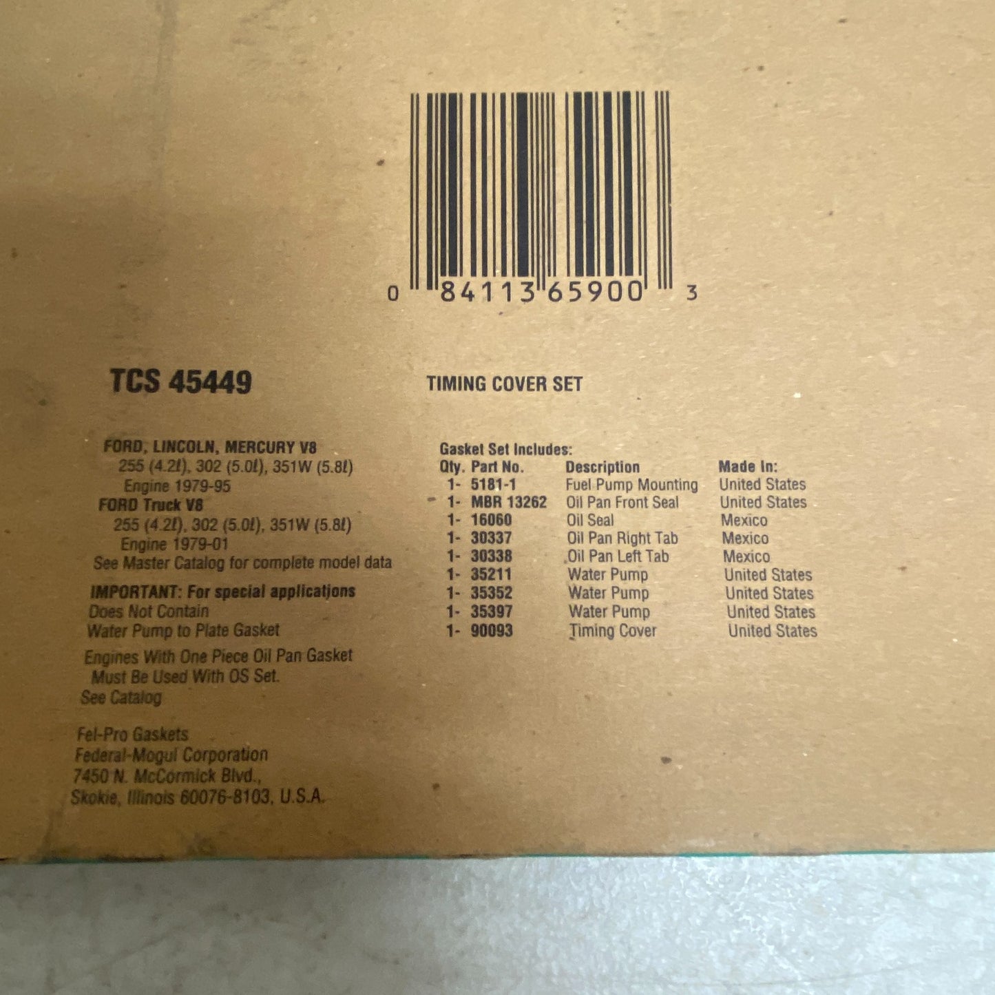 FEL-PRO TCS45449 Timing Cover Gasket Set 1979-2001 Ford 302 351W SBF V8