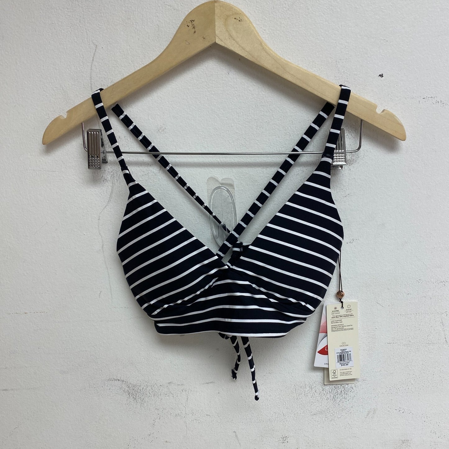 Calia Womens Triangle Strappy Tie Back Bikini Top Stripe Black/White WSA23201PRT