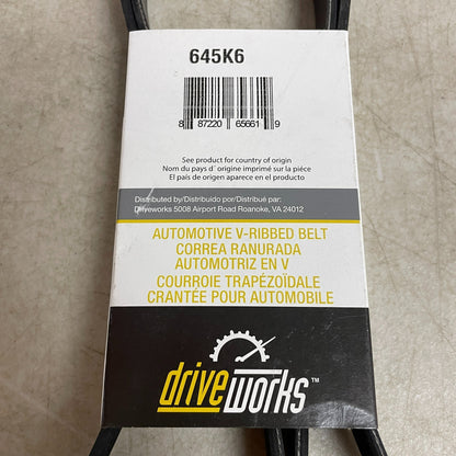 Driveworks Poly-Rib Serpentine Belt 64.5 Inch 6-Rib EPDM Model 645K6