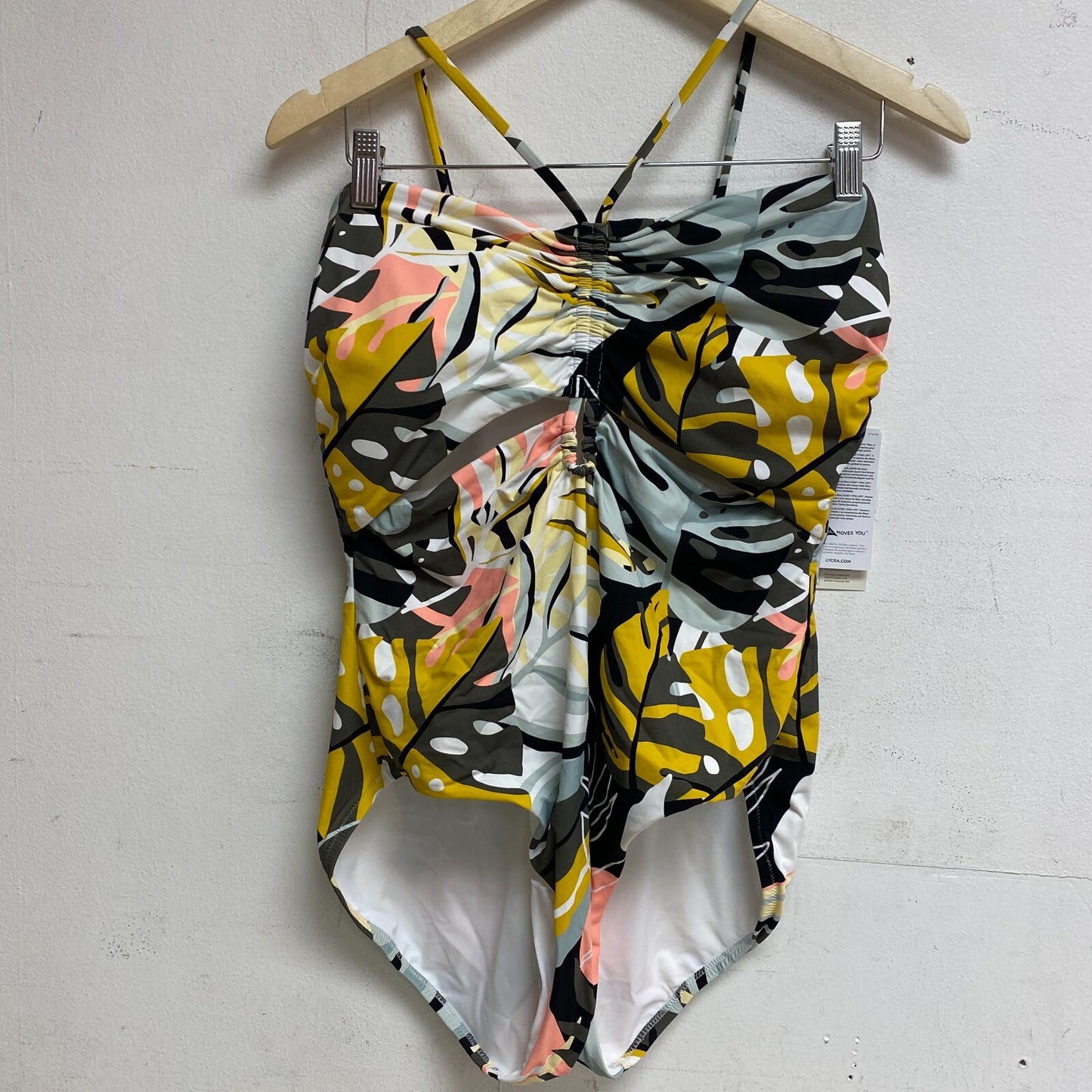 Calia Women's tummy Control Shirred Cut Out Floral One Piece Swimsuit Multi Palm