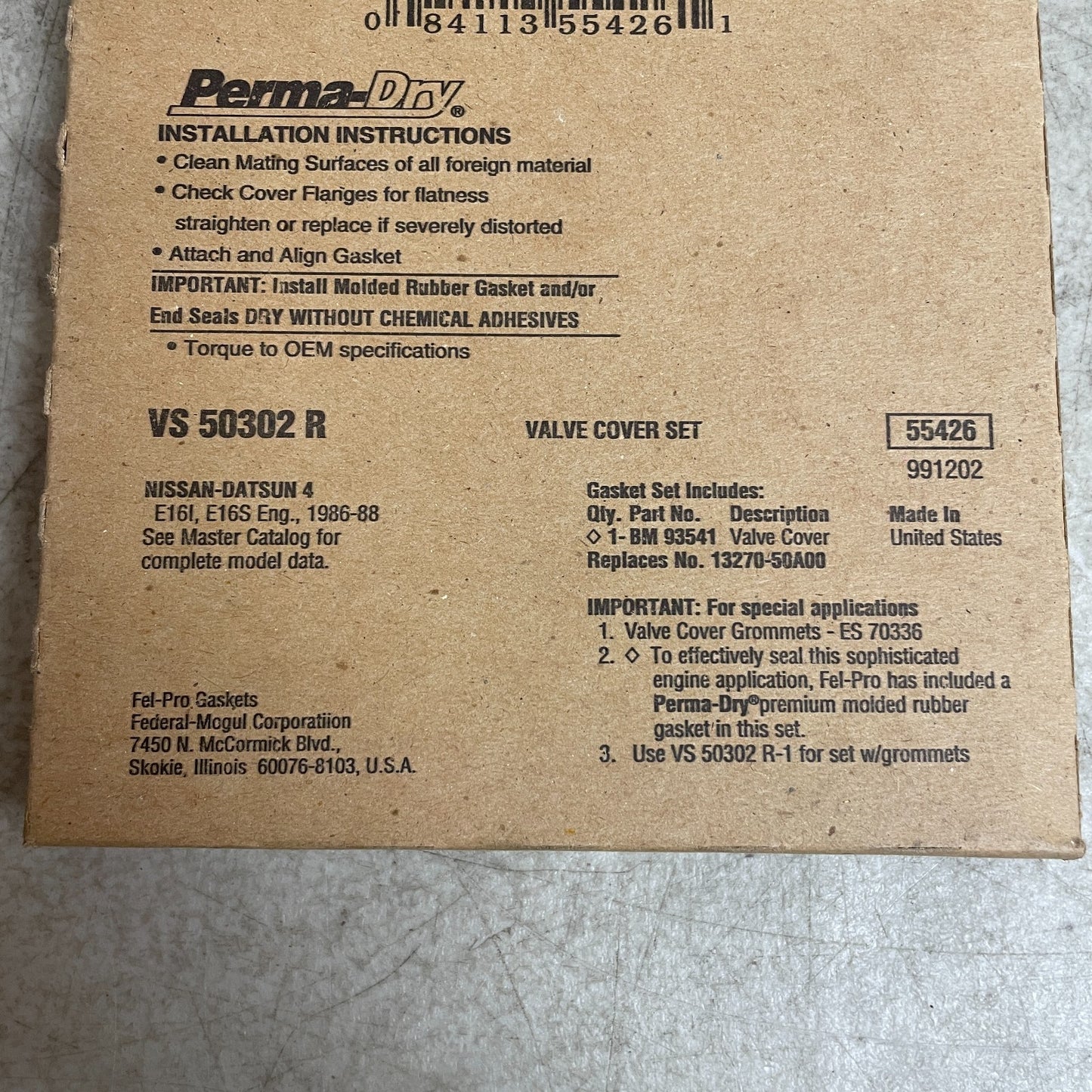 FEL-PRO VS50302R Valve Cover Gasket Set PermaDry 1.6L Nissan Sentra 1986-1988