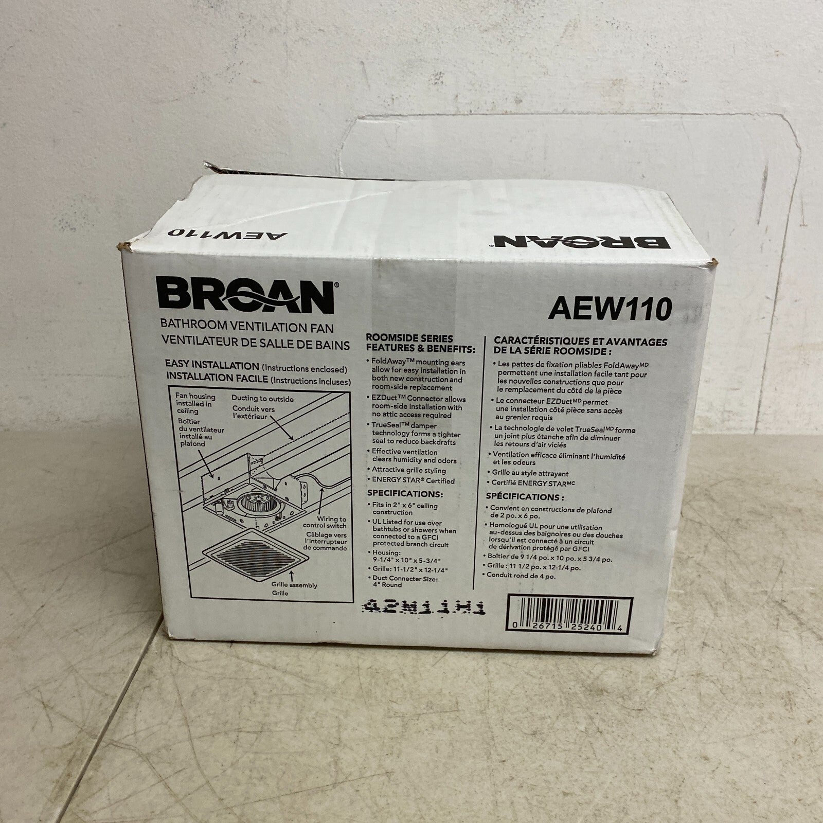 Broan 110 CFM Bathroom Ventilation Fan Fits 2" x 6" Roomside Flex Series