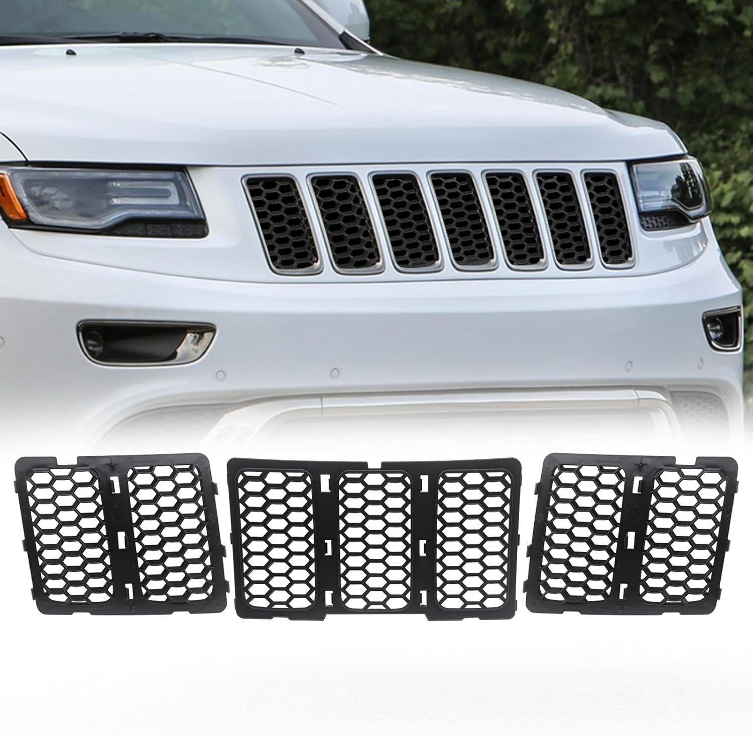 CheroCar Front Grill Inserts Kit Honeycomb Mesh Black Jeep Grand Cherokee 14-16