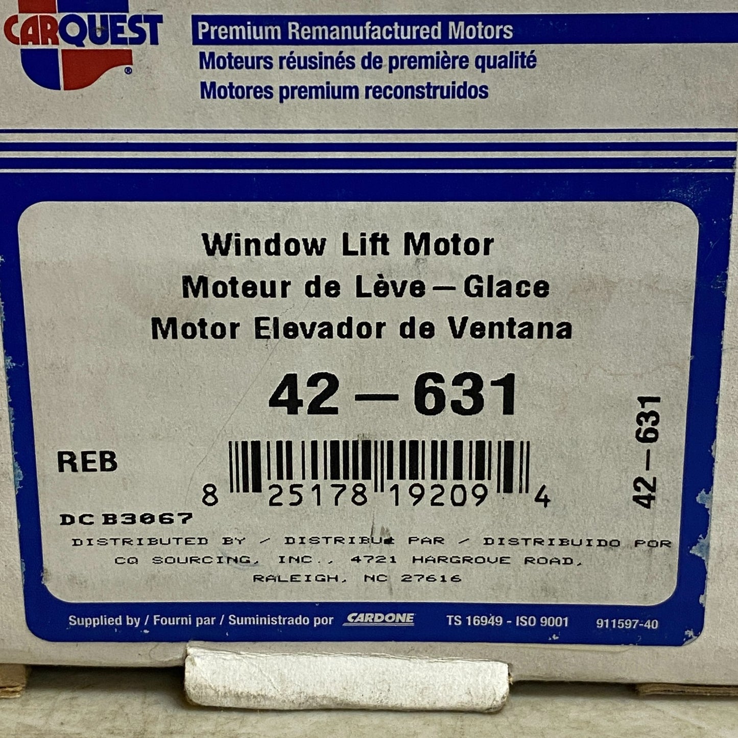 CARQUEST Reman Power Window Lift Motor Front Black 42‑631