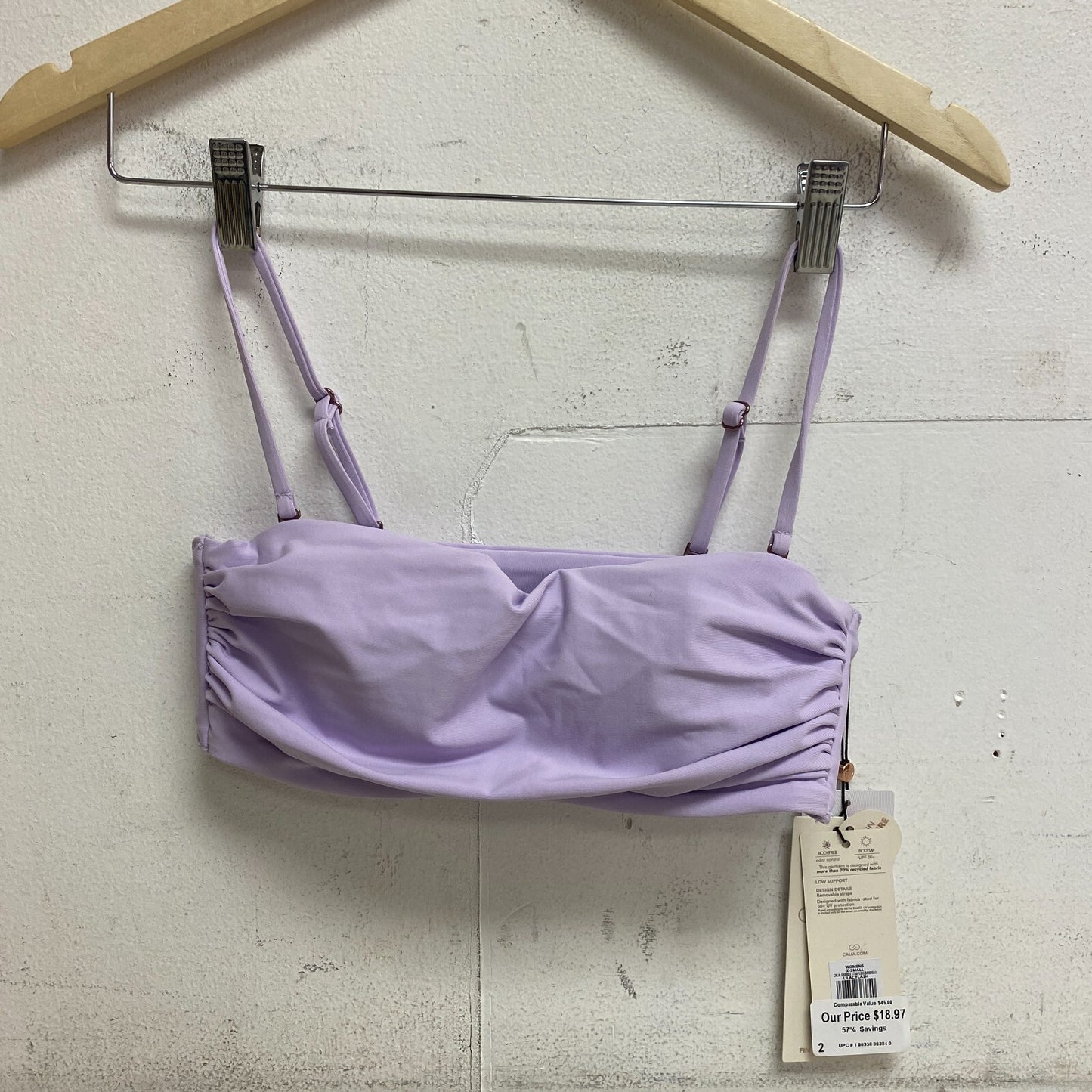 CALIA Women's Shirred Strapless Bandeau Low Support SwimTop Lilac Flash WSA23202