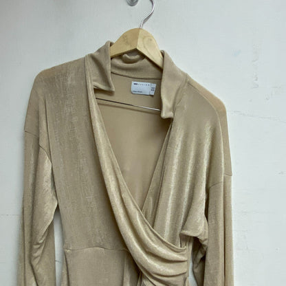 ASOS DESIGN wrap slinky blouson sleeve midi dress in Cream Size 8
