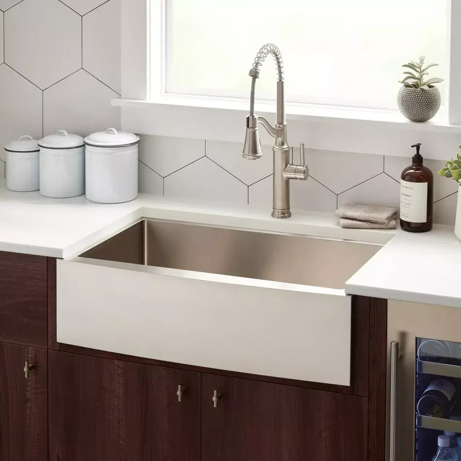 Signature Hardware 33" Fournier Stainless Steel Farmhouse Sink - Curved Apron