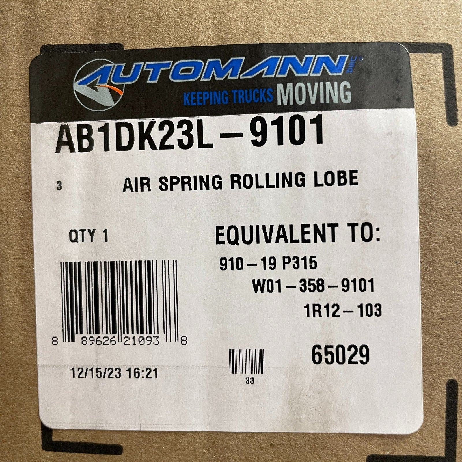 Automann AB1DK23L-9101 Rolling Lobe Air Spring 5700lb @ 80 PSI 15.5" Height
