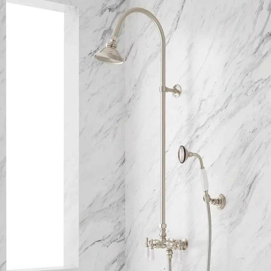 Signature Hardware Baywood Exposed‑Pipe Shower with Hand‑Shower Brushed Nickel