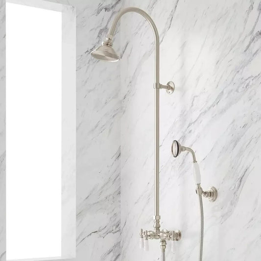 Signature Hardware Baywood Exposed‑Pipe Shower with Hand‑Shower Brushed Nickel