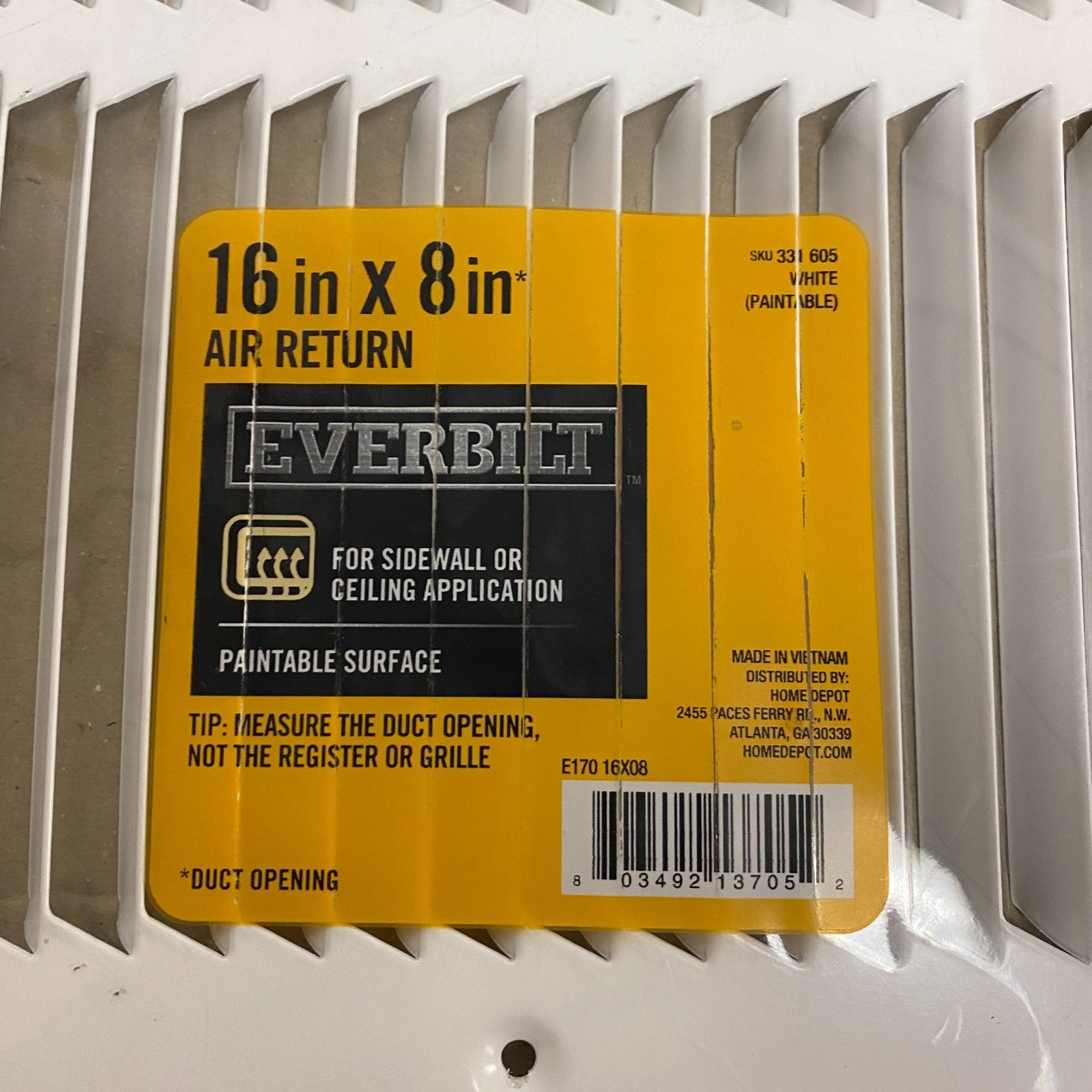 Everbilt 16″x 8″ White Steel Return Air Grille Vent Cover