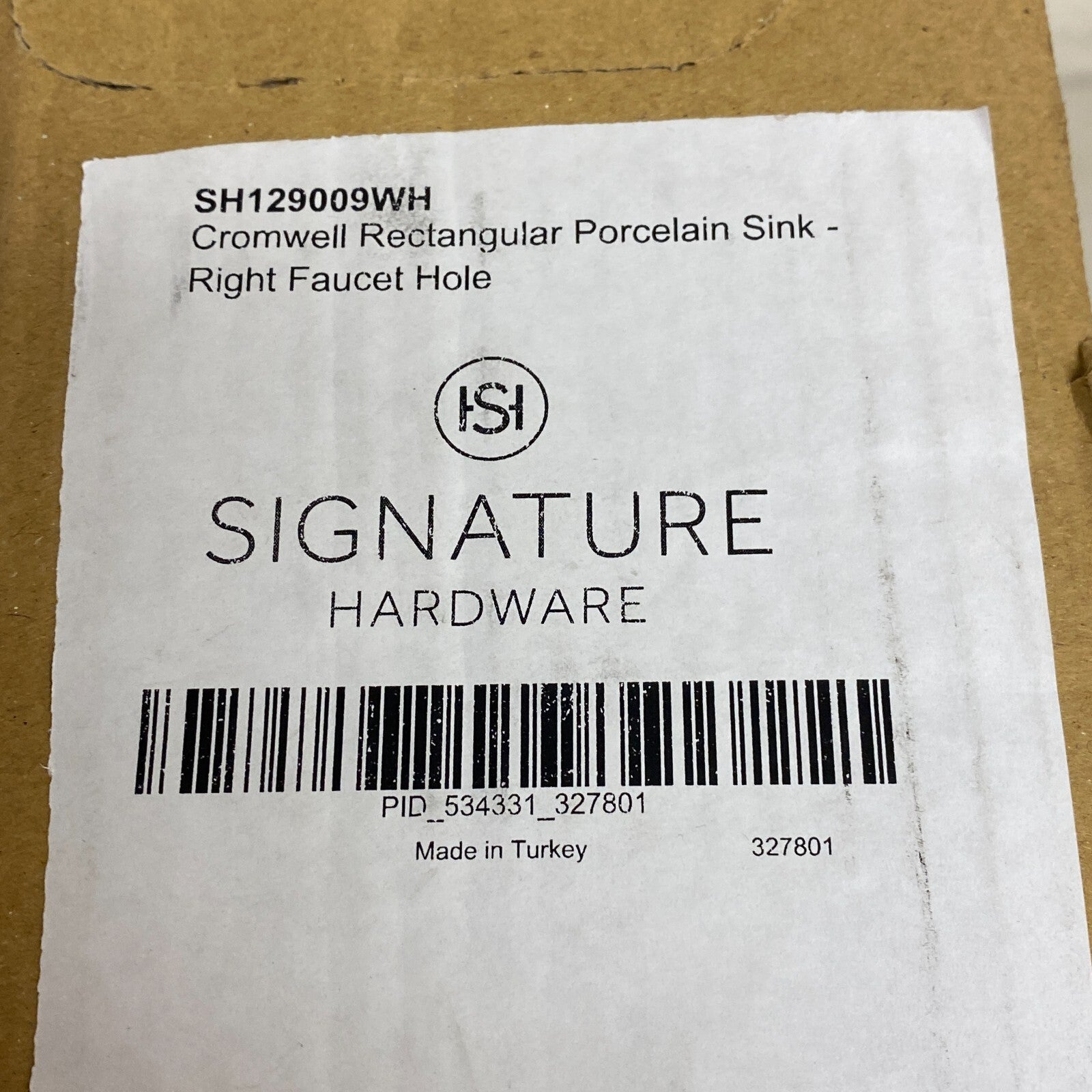 Signature Hardware CROMWELL RECTANGULAR PORCELAIN SINK RIGHT FAUCET HOLE