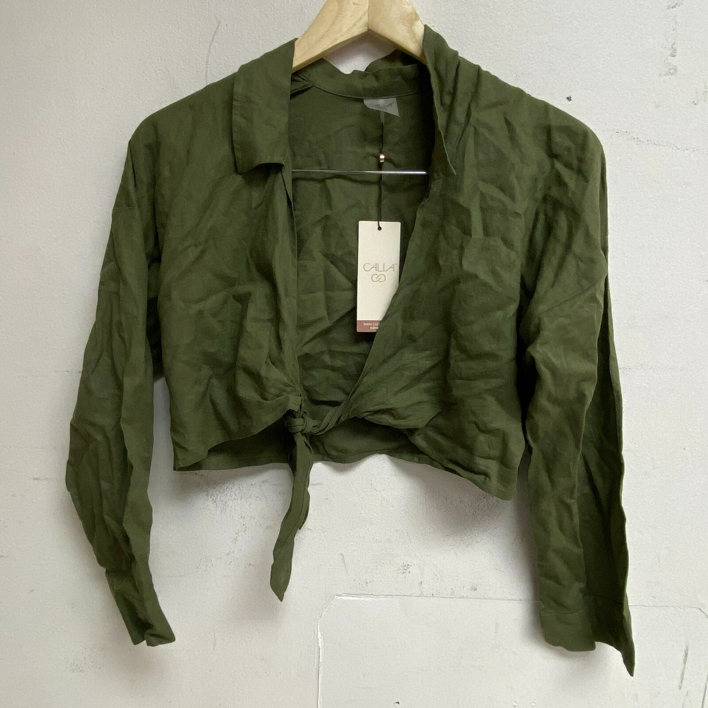 CALIA Women's Tie Front Long Sleeve Beach Shirt Dark Olive Cropped WSA23917