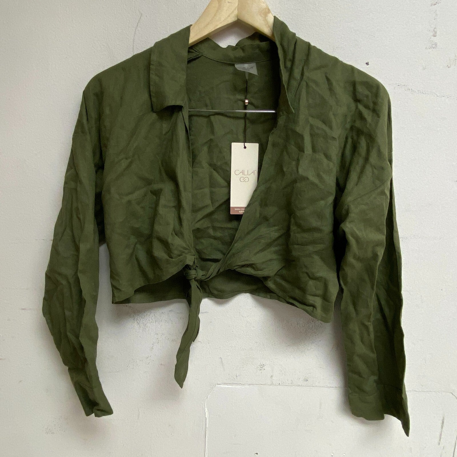 CALIA Women's Tie Front Long Sleeve Beach Shirt Dark Olive Cropped WSA23917