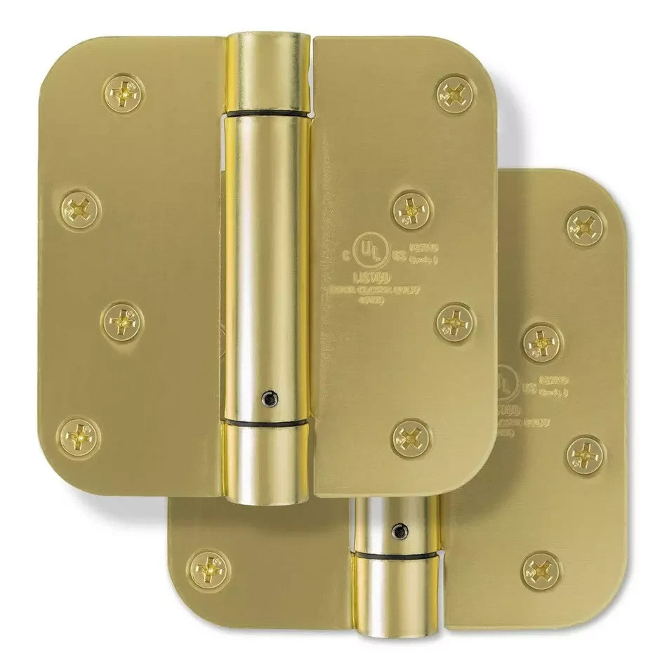 Signature Hardware 4″ Rounded Steel Door Hinge with Spring 2 Pack Satin Brass