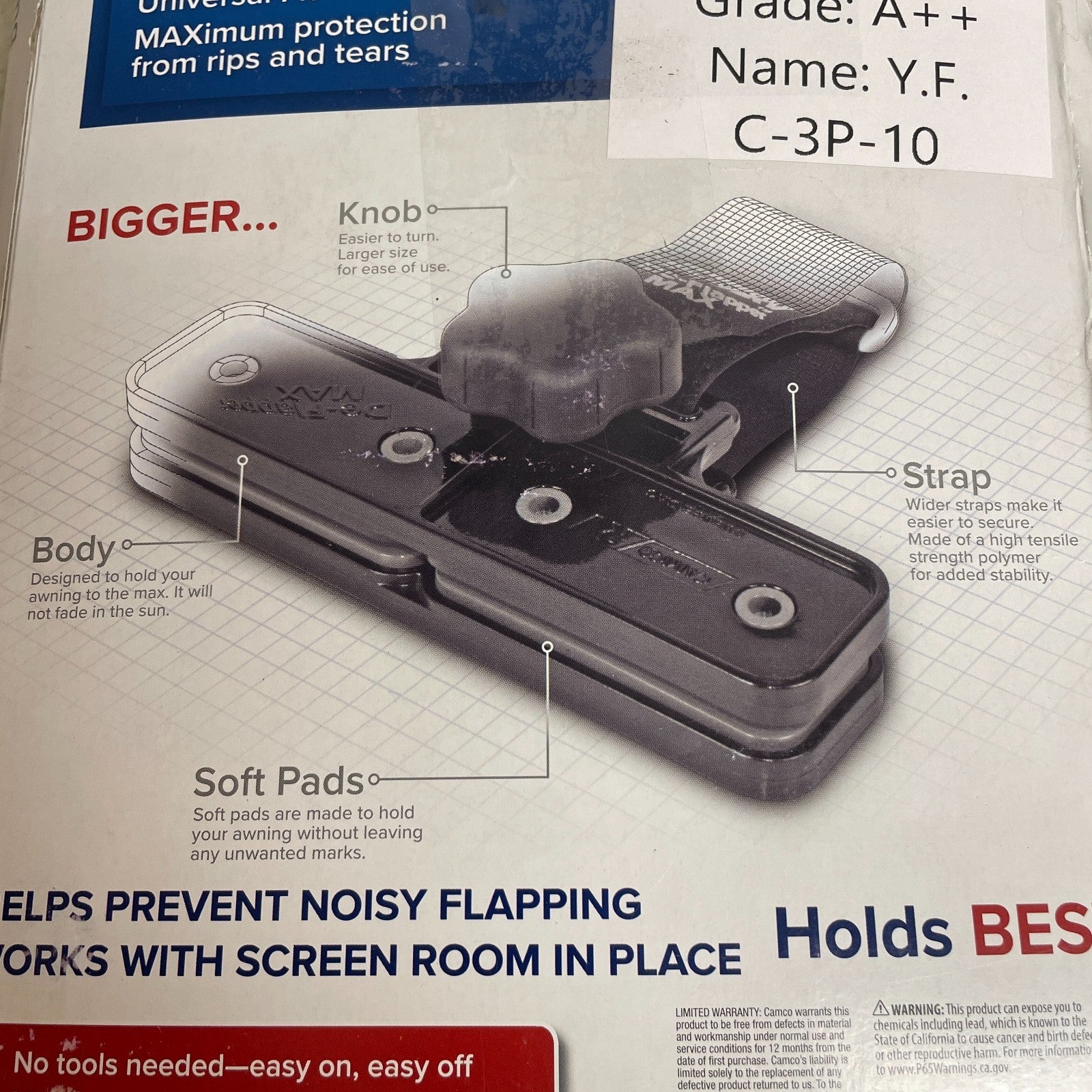 Camco RV Awning De-Flapper Max 2-Pack Black Fabric Clamps Model 42251