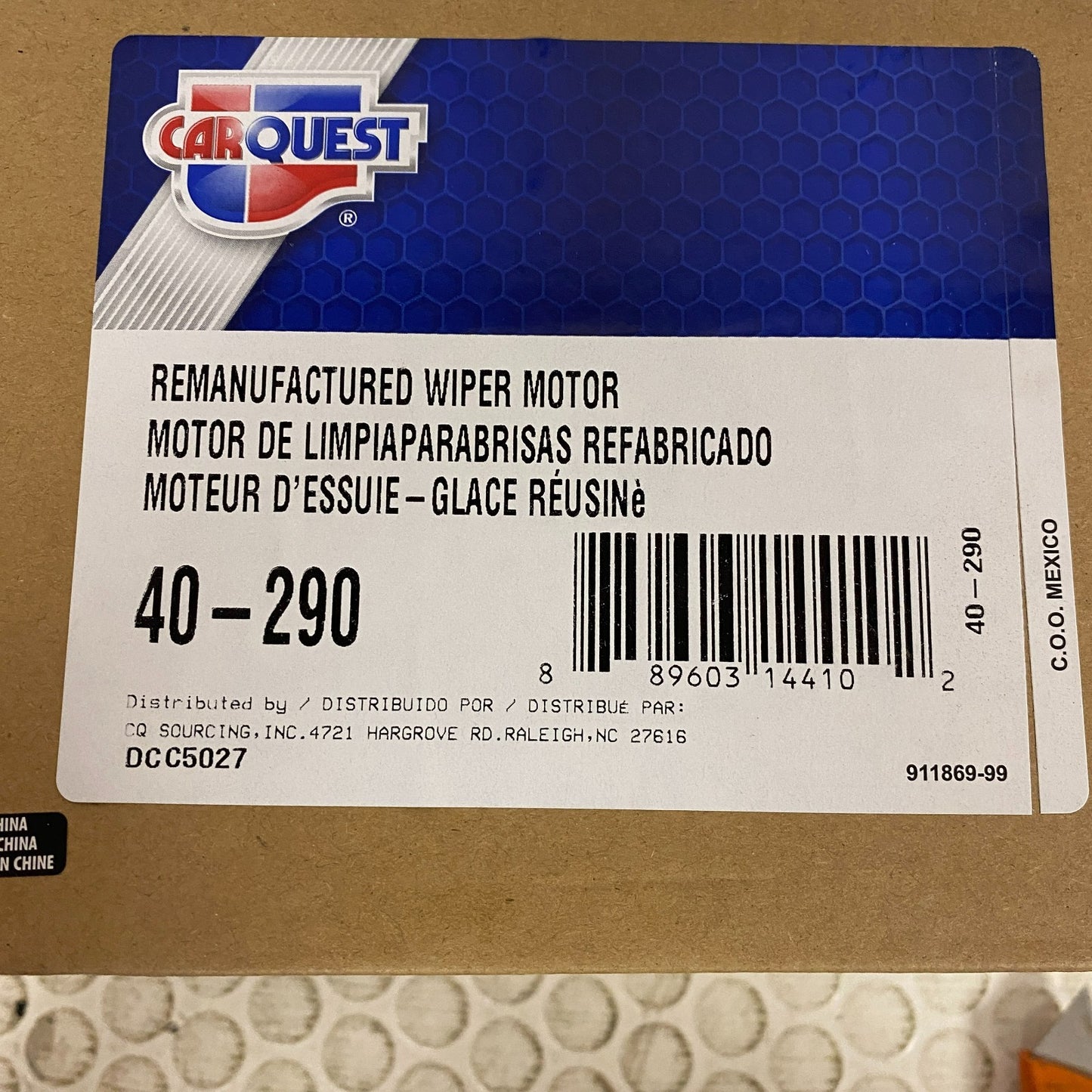 CARQUEST Premium Reman Windshield Wiper Motor Front Black 40‑290