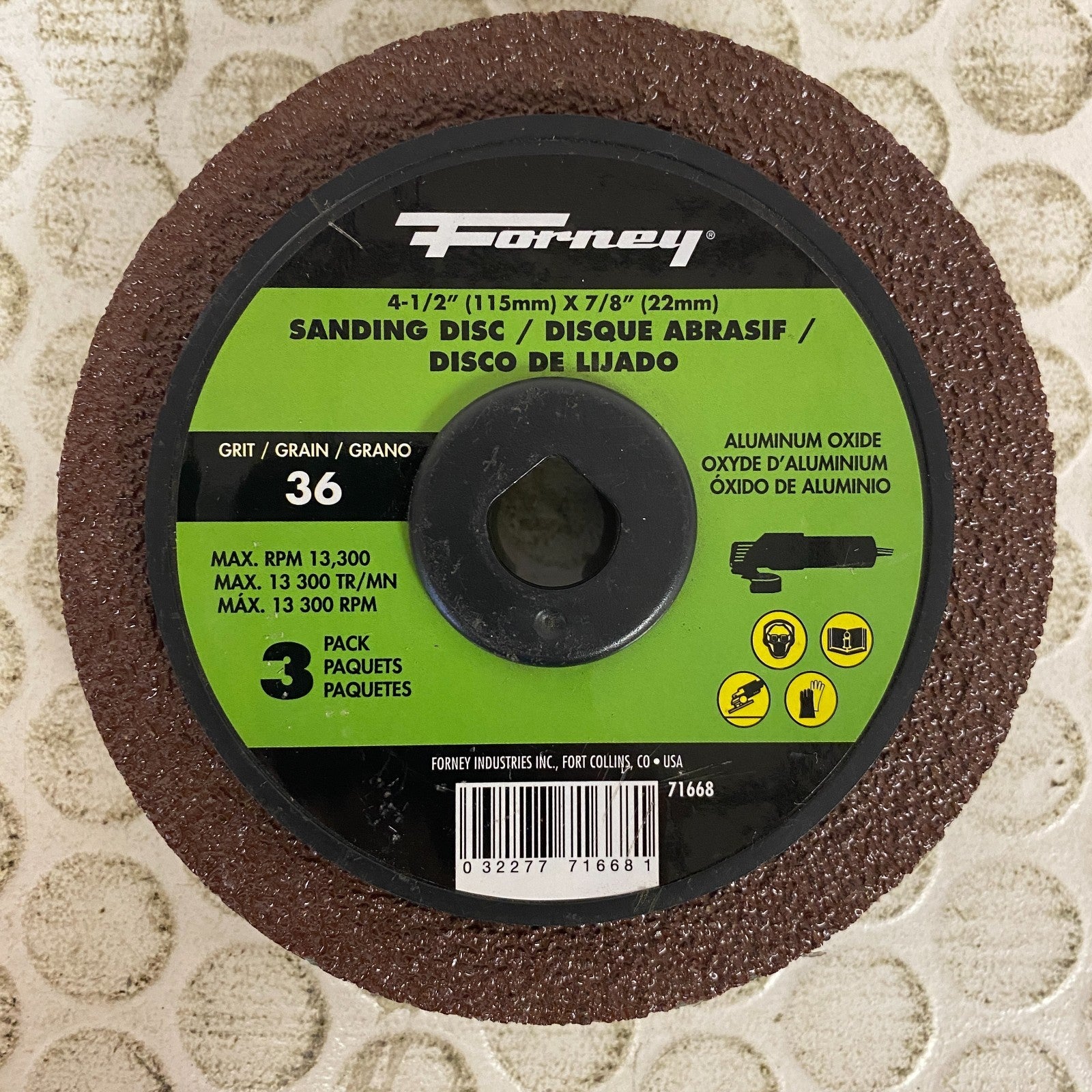 Forney Resin Fibre Sanding Disc 4.5" 36 Grit 7/8" Arbor 3 Pack Model 71668