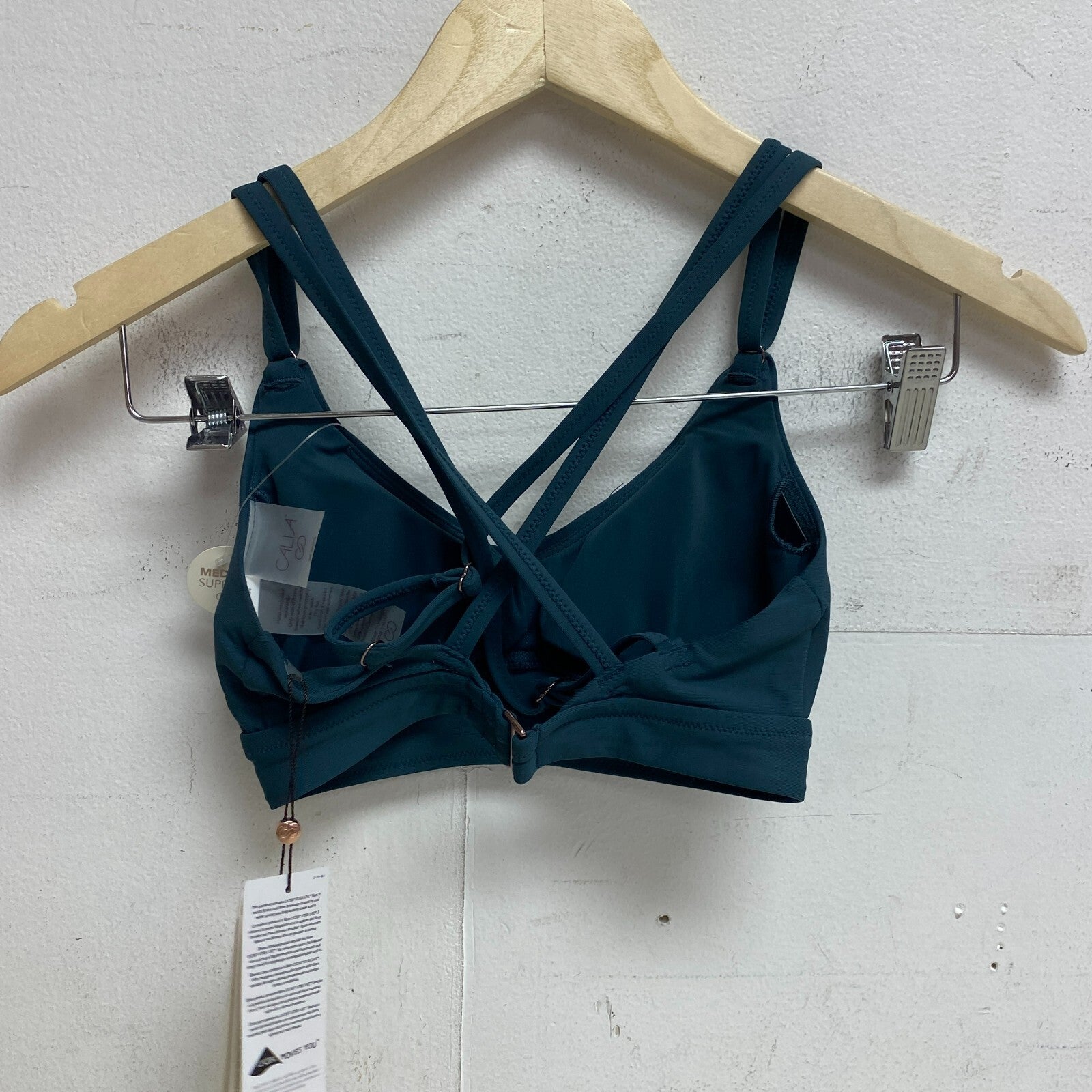 Calia Womens Runched Front Cross Top Deep Aqua Solid Racerback Swimwear WSA23204