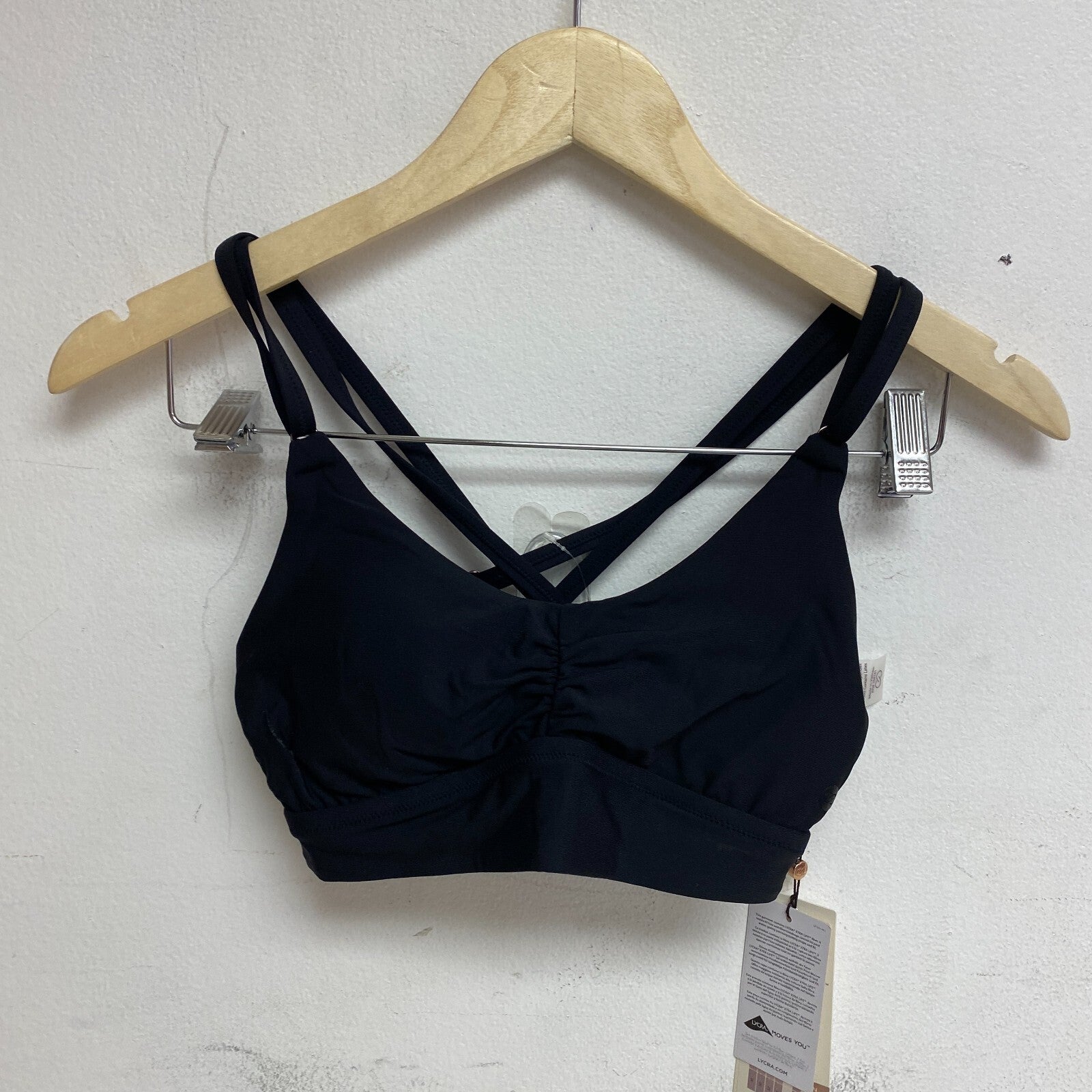 Calia Women's Swim Runched Front Cross Racerback Bikini Top Pure Black WSA23204