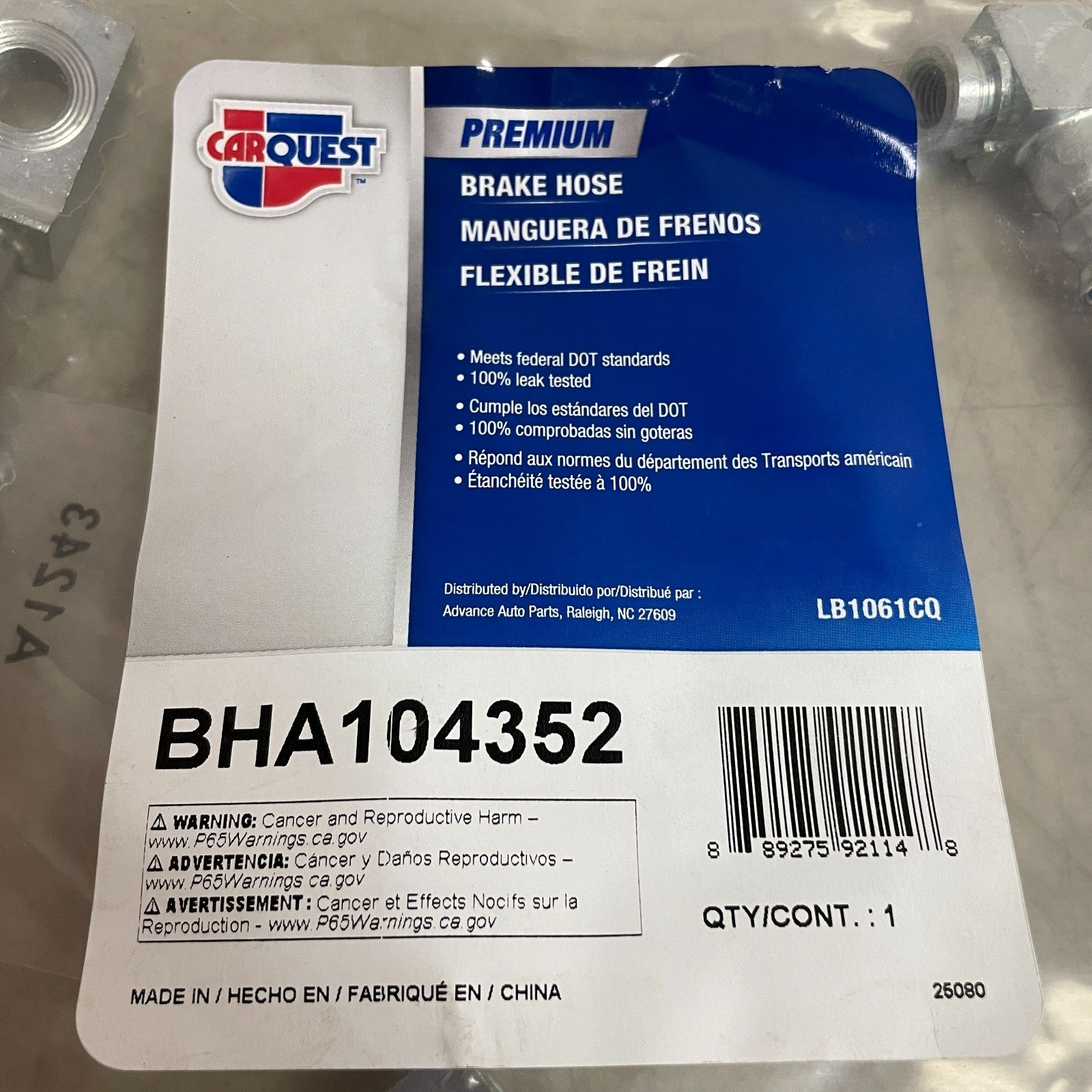 Carquest Premium Brake Hose Banjo–Female Ends Black Rubber BHA104352