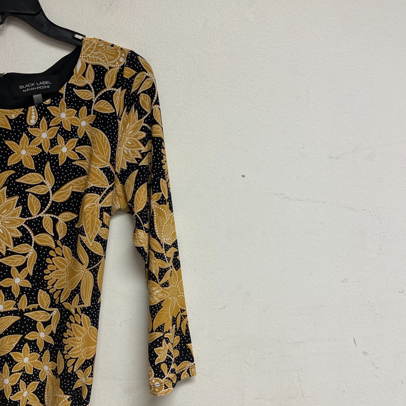 Black Label Women's 3/4 Sleeve Floral Midi Fit+Flare Dress Sz 8 Color Black Gold