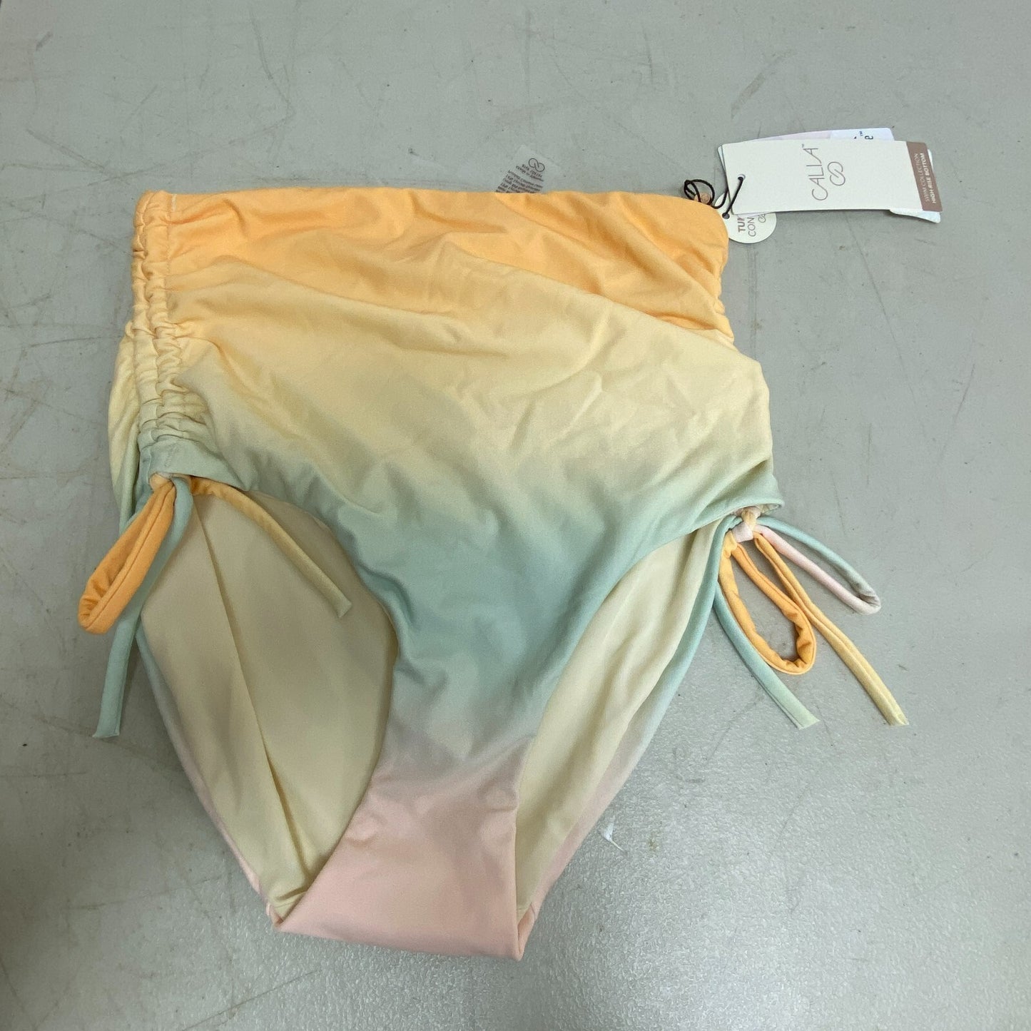 CALIA Women's High Waisted Ruched Side Tie Swim Bottom Orange Multi WSA23410PRT