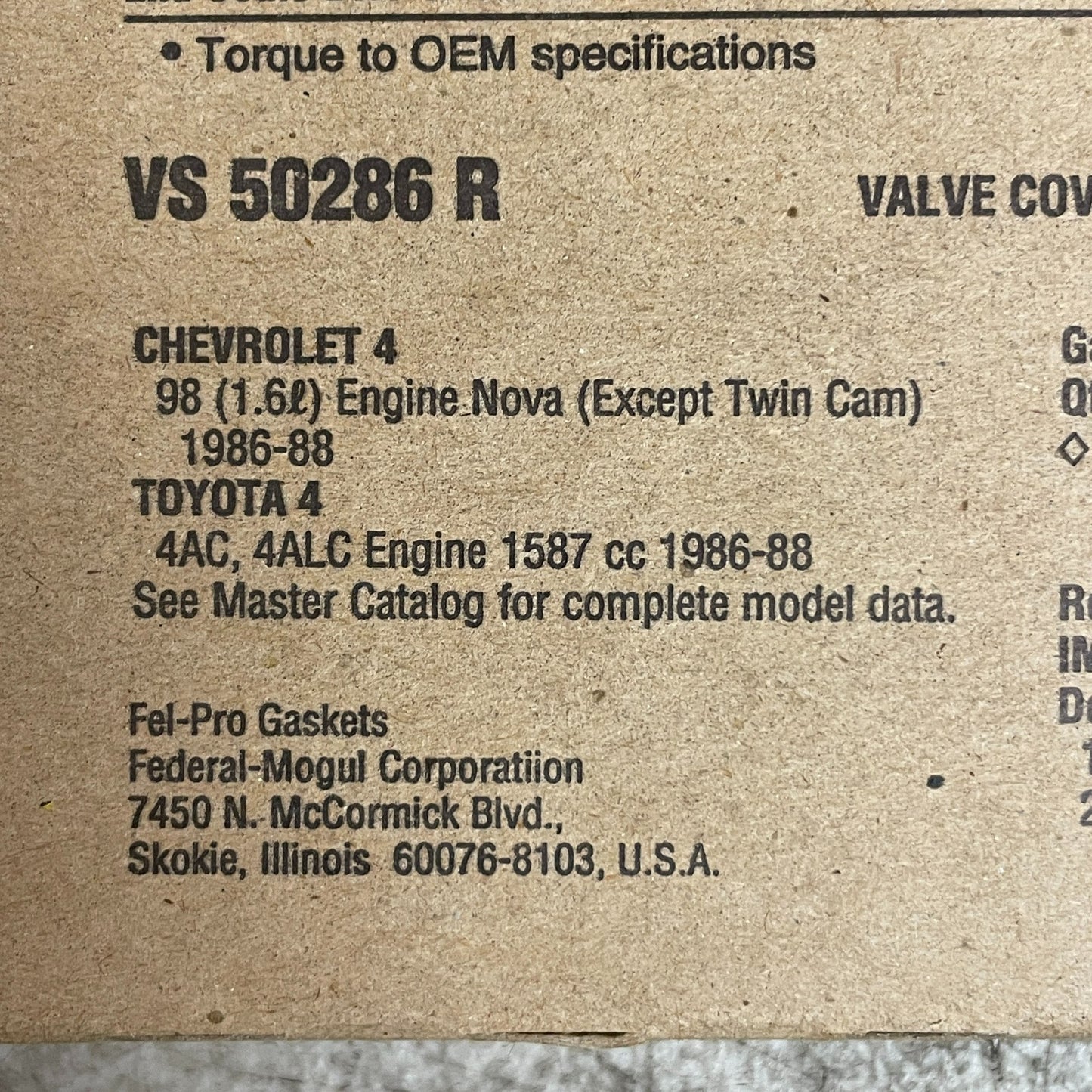 Fel-Pro VS 50286 R Valve Cover Gasket Set for 86-88 Toyota Corolla
