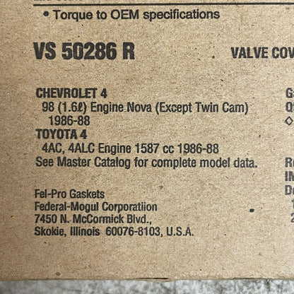 Fel-Pro VS 50286 R Valve Cover Gasket Set for 86-88 Toyota Corolla