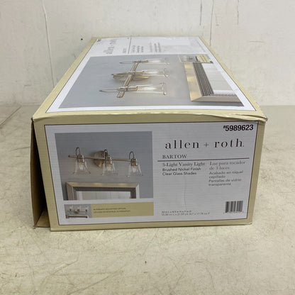 Allen + Roth Bartow 3 Light Vanity Light Brushed Nickel Finish Clear Glass Shade
