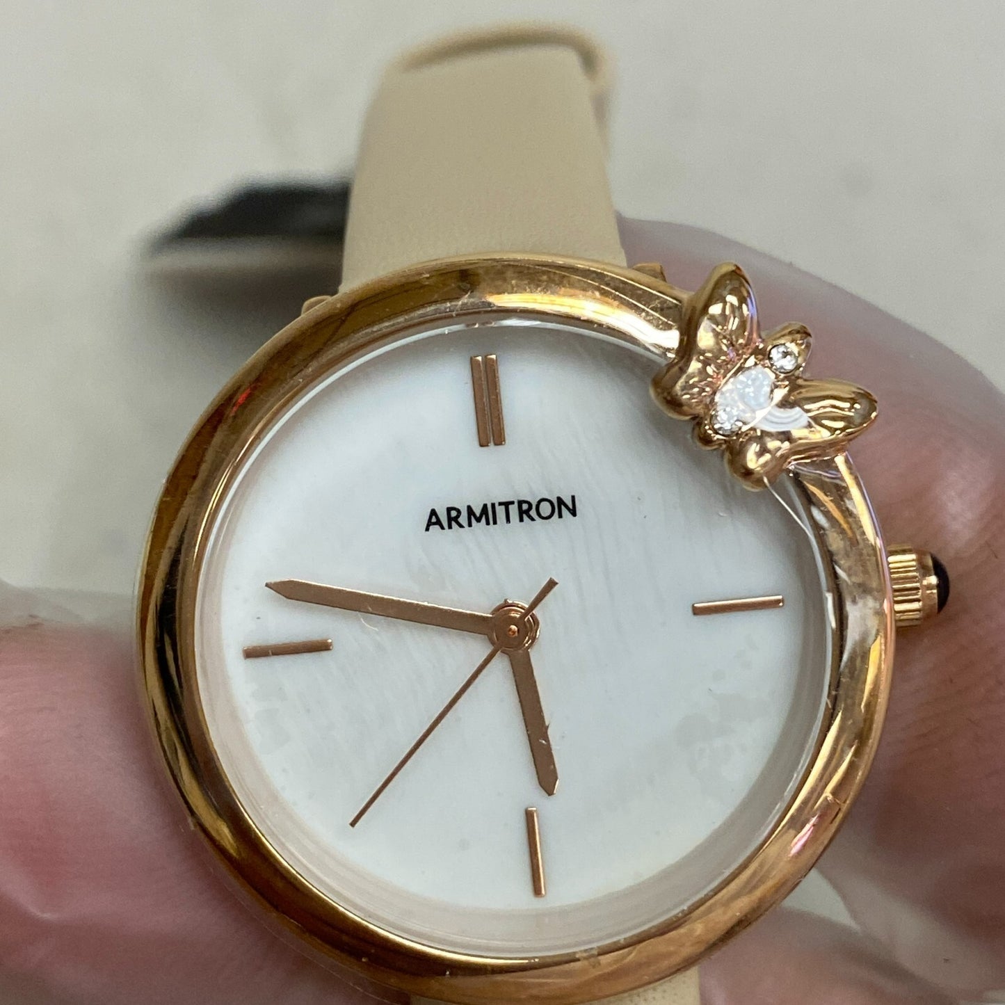 Armitron Rose Gold with butterfly Bessel Beige Band Women's Watch 75/5752RG