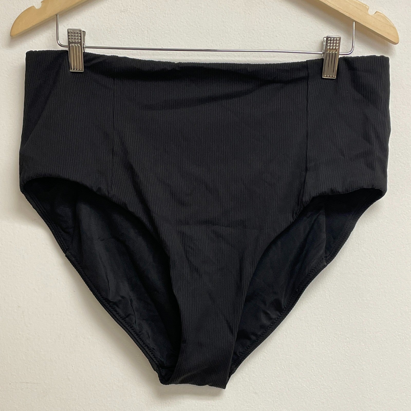 Calia Womenâs Rib High Rise Swim Bottom Pure Black Bikini Separate WSA21404R