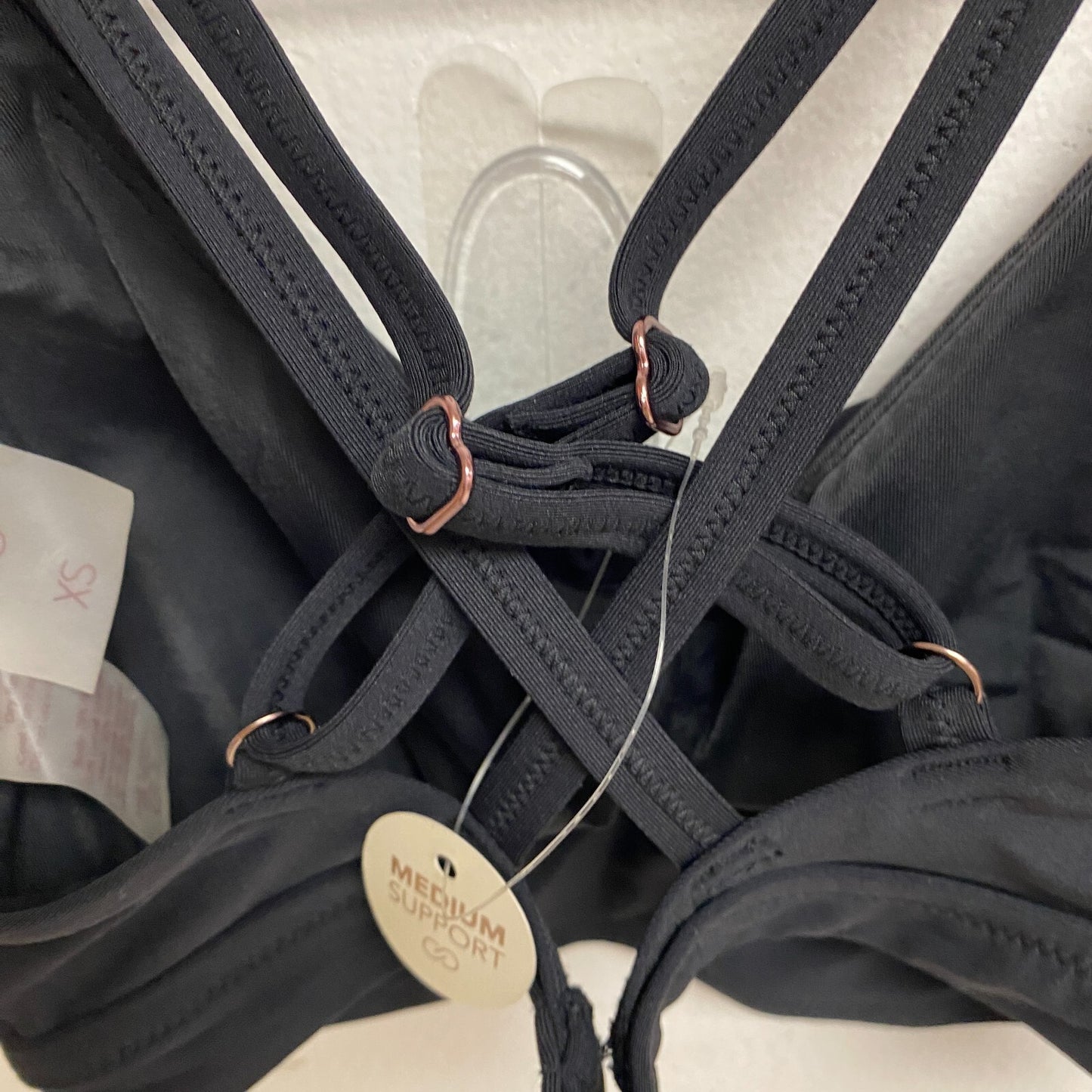 Calia Women  Swim Medium Support Ruched Front Cross Back Top PURE BLACK WSA22202