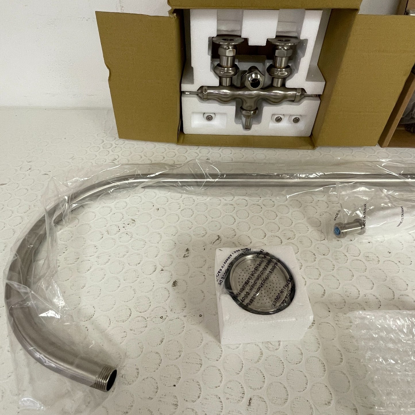 Signature Hardware Baywood Exposed‑Pipe Shower with Hand‑Shower Brushed Nickel