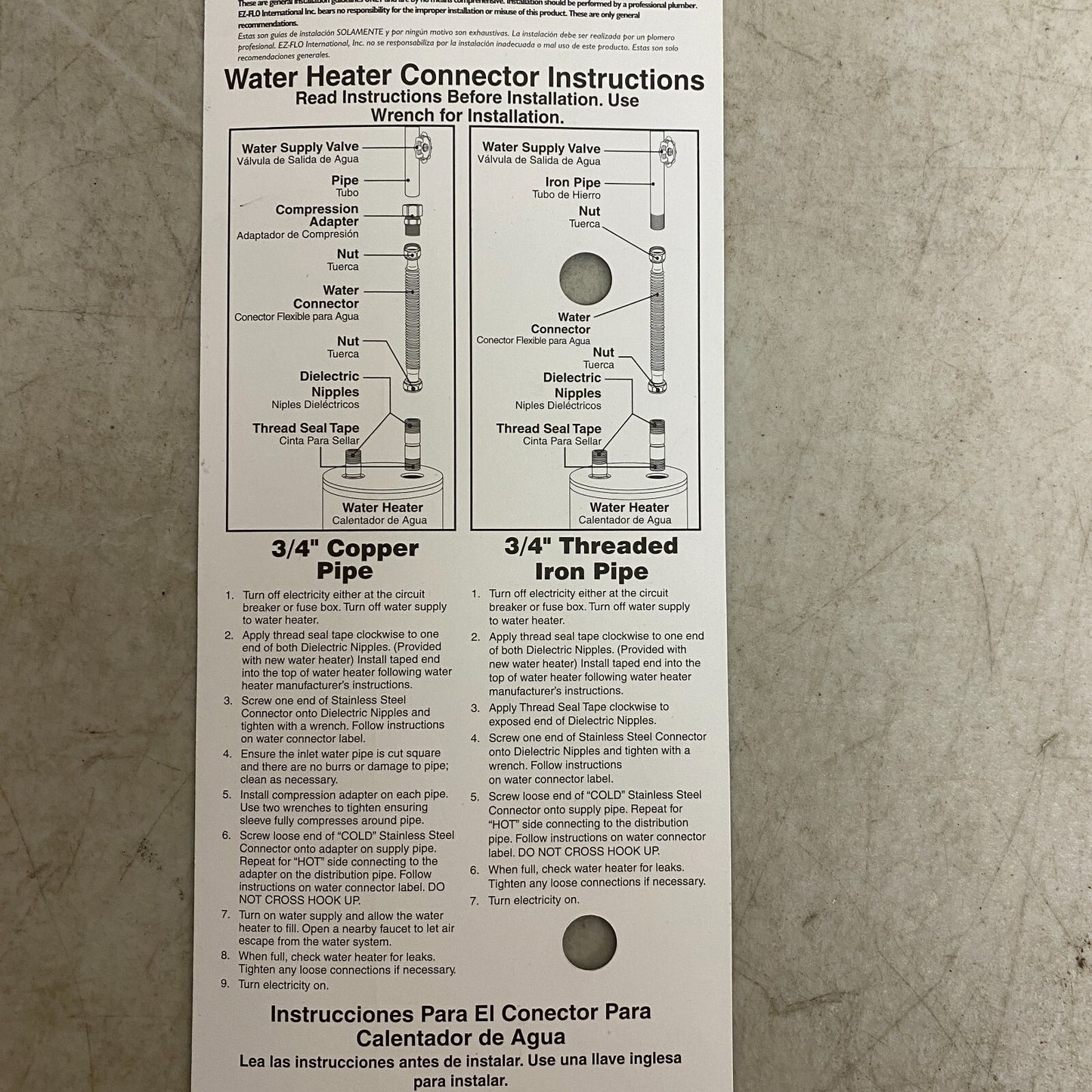 Eastman Water Heater Installation Kit 3/4" Copper pipe, 3/4" Threaded iron pipe