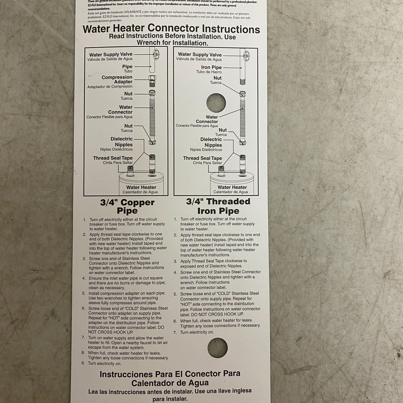 Eastman Water Heater Installation Kit 3/4" Copper pipe, 3/4" Threaded iron pipe