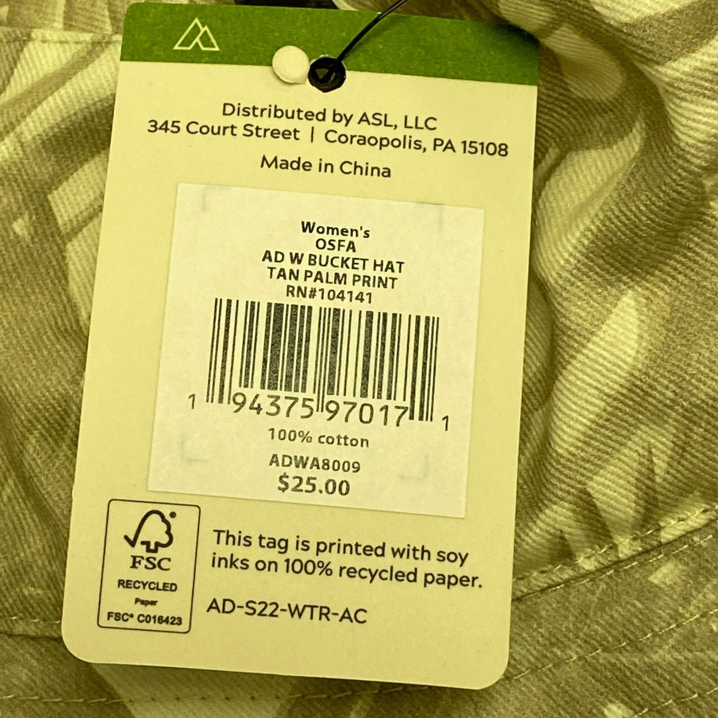 Alpine Design Womens AD W  Bucket Hat  Mint Tan Palm Print  NWT Floral ADWA8009