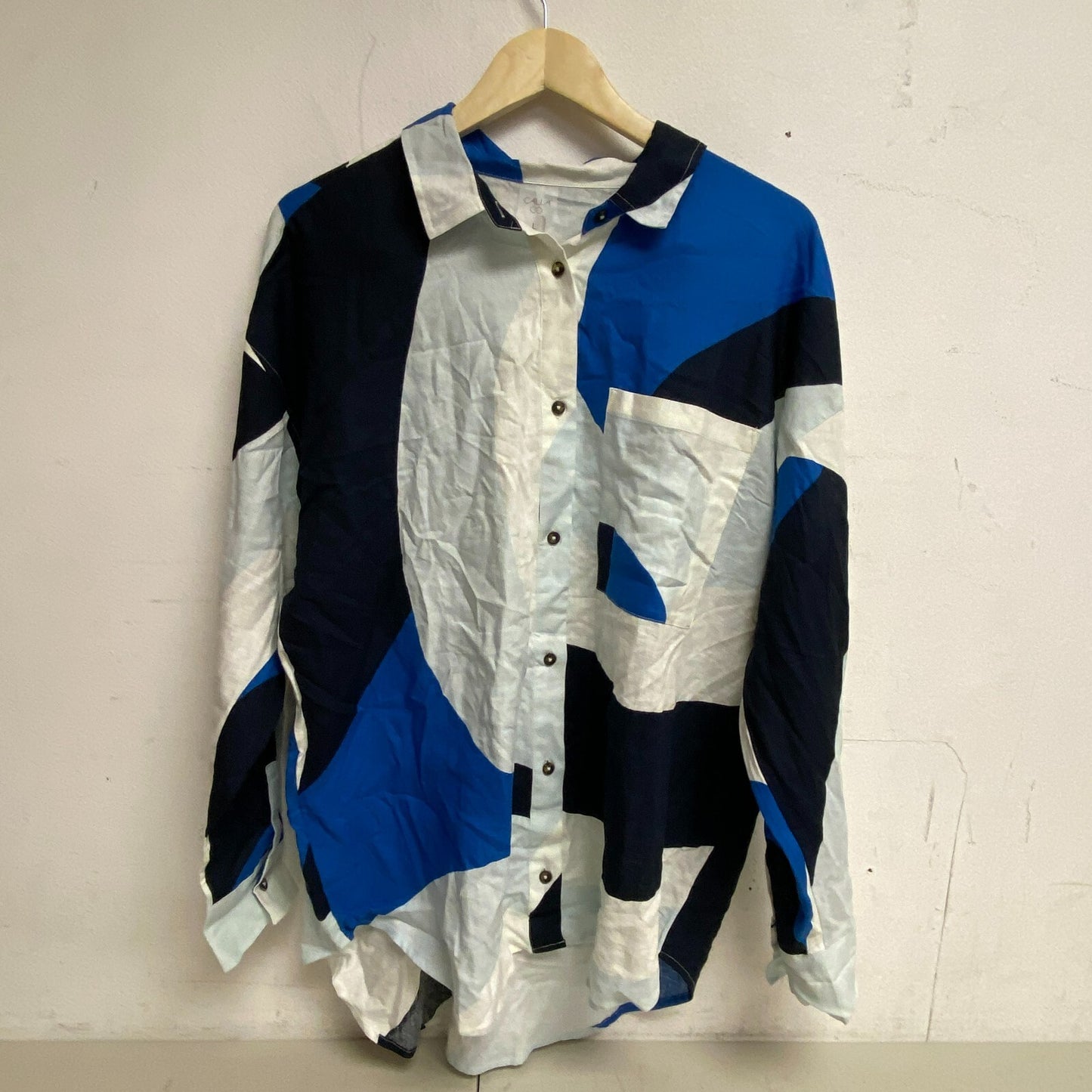 CALIA Women's Oversized Long Sleeve Button Down Cover Up Wavy Blocks Blue WSA239