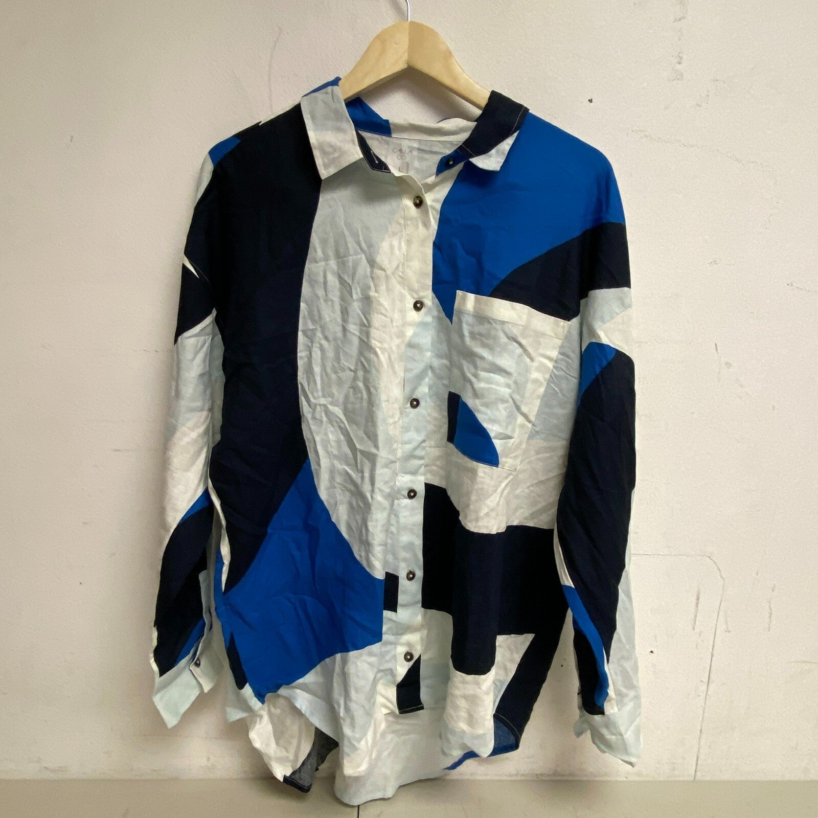 CALIA Women's Oversized Long Sleeve Button Down Cover Up Wavy Blocks Blue WSA239