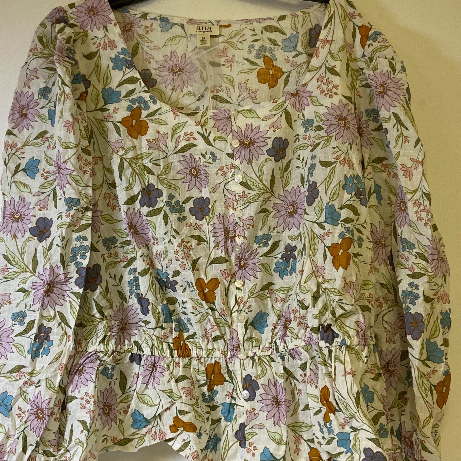 Ana A New Approach Womens Square Neck Long Sleeve Peplum Top Size 0X Color White