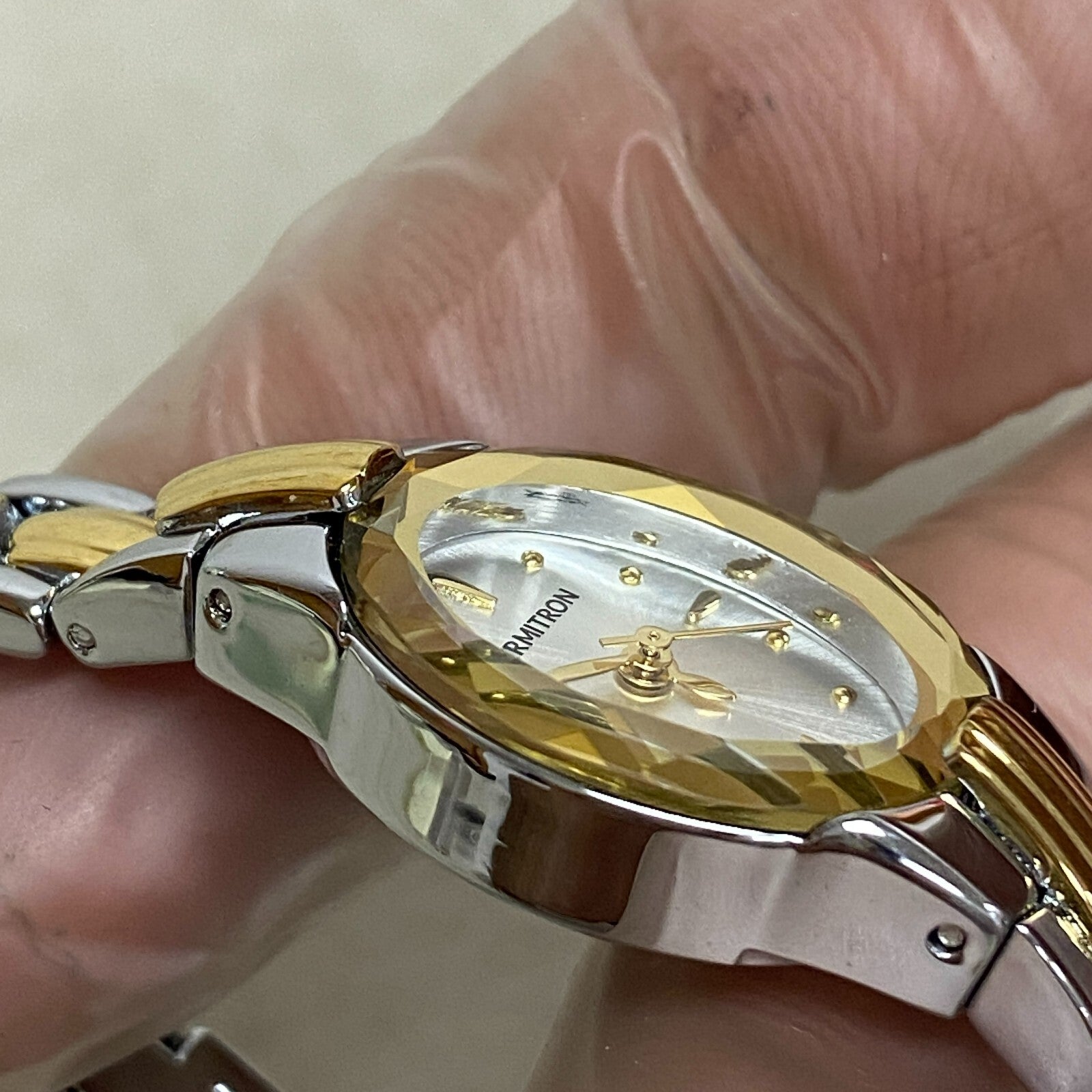 Armitron Watch Women Gold Silver Two Tone Faceted Bezel New Battery 6.5" J1134