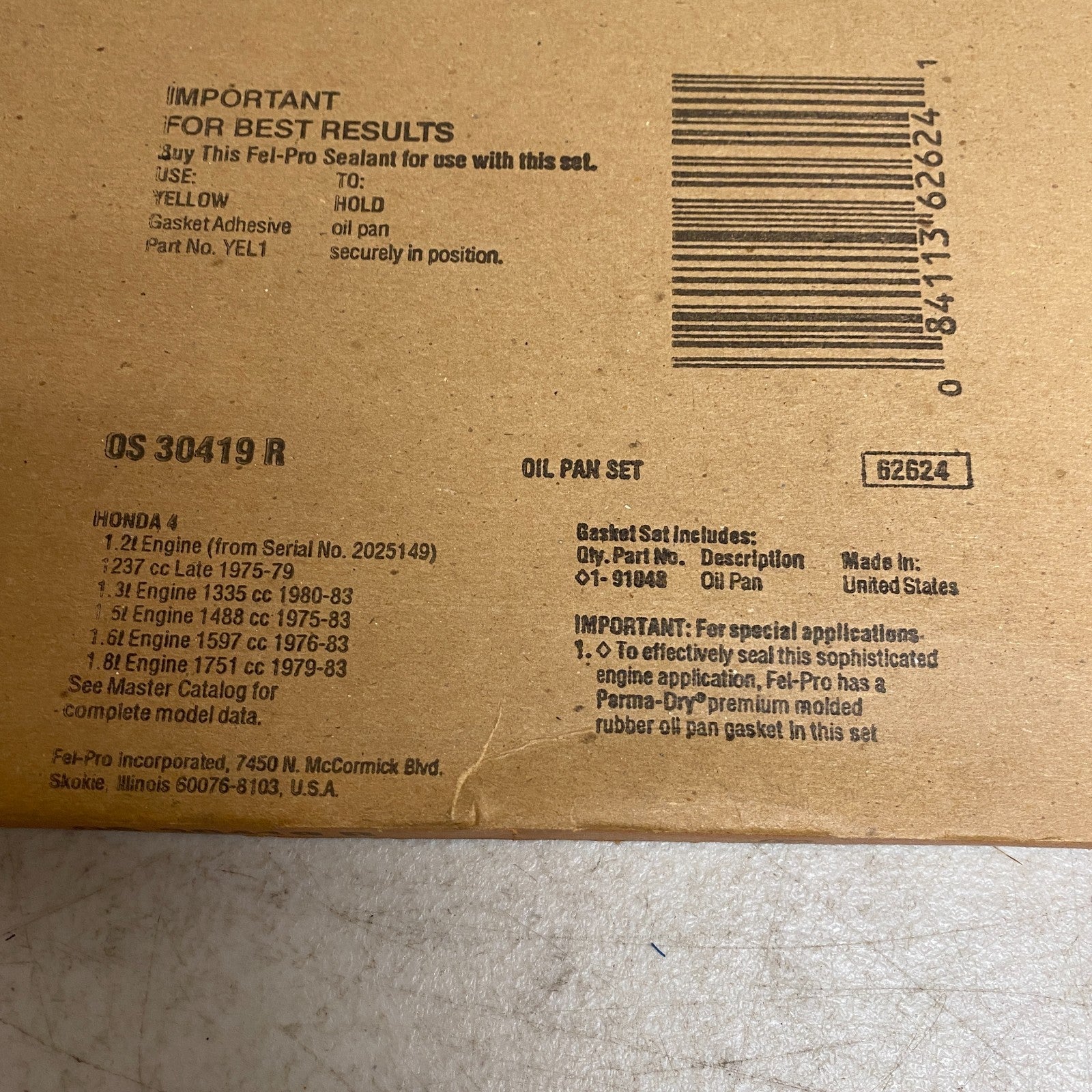 FEL-PRO OS30419R Oil Pan Gasket Set Molded Rubber 1975-83 Honda Accord Civic