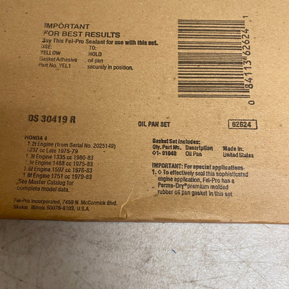 FEL-PRO OS30419R Oil Pan Gasket Set Molded Rubber 1975-83 Honda Accord Civic